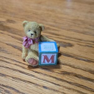 Enesco Tan Bear Figurine with Pink Bow and Blue-Green Block